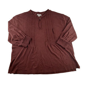 Knox Rose Womens Burnt Orange/Brown 3/4 Smocked Sleeve Pleated Top Keyhole M
